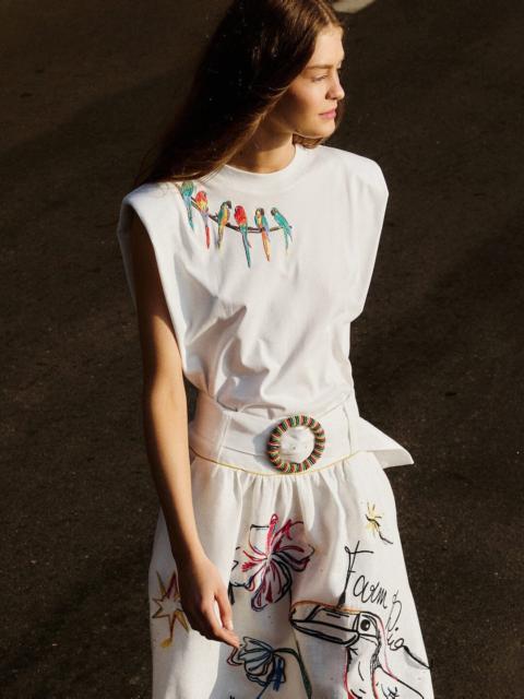 FARM RIO Off-White Birds On Branch Embroidered Organic Cotton T-Shirt