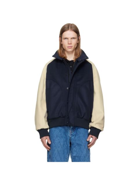 Balmain Navy & Off-White Vintage Wool Bicolor Bomber Jacket