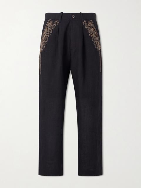 KARTIK RESEARCH Straight-Leg Zardozi Embroidered Pleated Linen Trousers