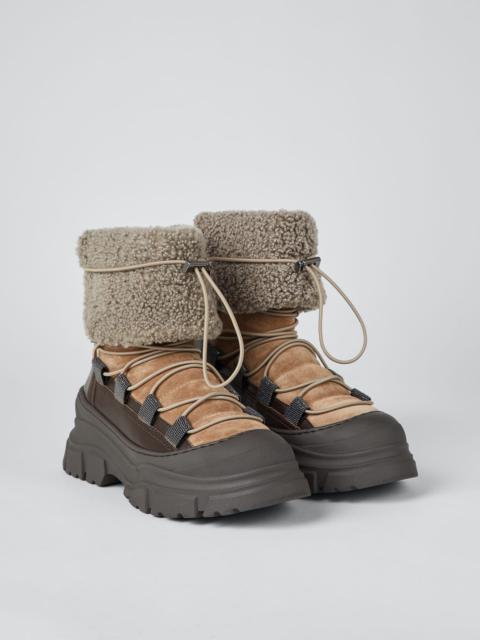 Suede, calfskin and curly shearling boots with monili