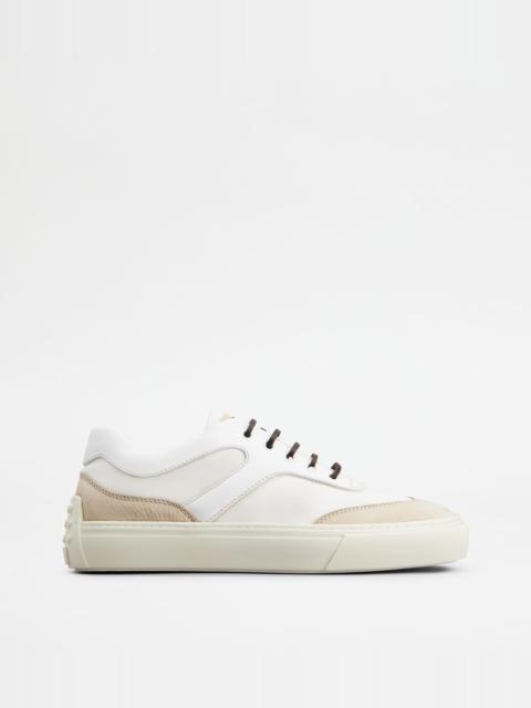 Tod's SNEAKERS IN LEATHER AND FABRIC - BEIGE, WHITE, BROWN