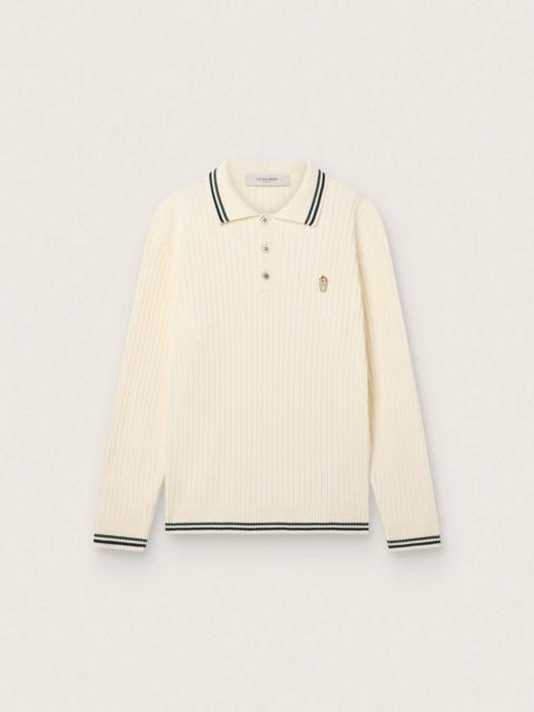 Golden Goose Men’s long-sleeved polo shirt in white knit with contrasting edges and removable pin
