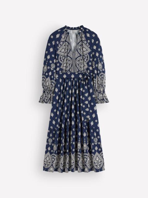 BODEN Blouson Tiered Jersey Dress-French Navy, Ornate Gardenia