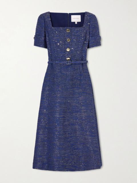 CAROLINA HERRERA Belted metallic cotton-blend tweed midi dress Navy