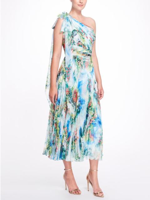 ONE SHOULDER PRINTED CHIFFON PLEATED DRESS