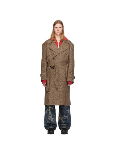 Brown Rovy Double-Breasted Herringbone Trench Coat
