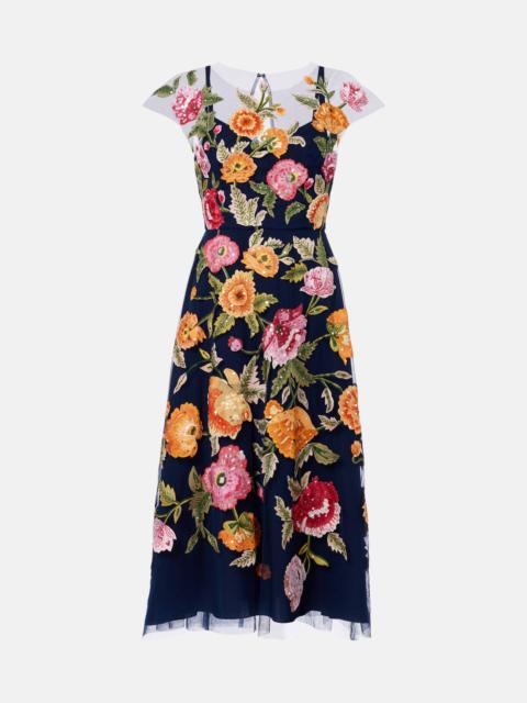 Floral sequined tulle midi dress