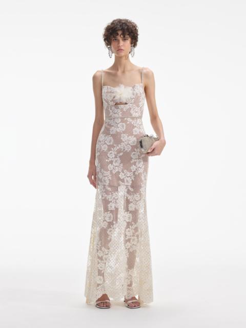 Cream Rhinestone Lace Maxi Dress