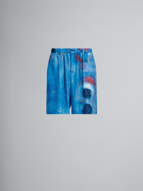 Marni SILK HABOTAI STRETCH WAIST SHORTS WITH BUCHI BLU PRINT