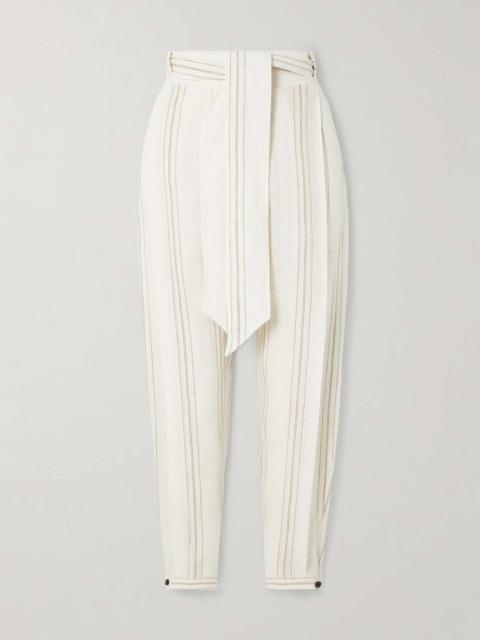 Loro Piana Gustel belted striped linen tapered pants