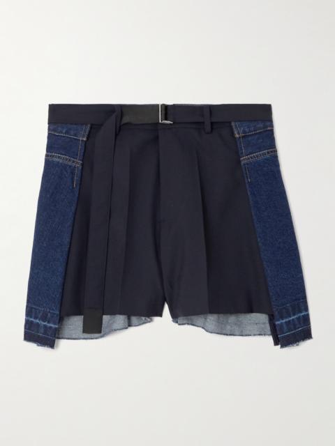 sacai Belted Pleated Denim And Shell Shorts