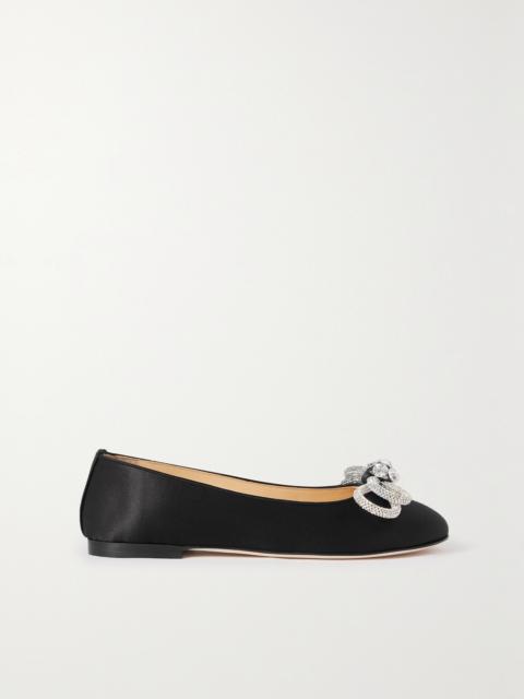 MACH & MACH Double Bow Glitter Crystal-embellished Satin Ballet Flats