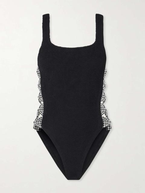 Hunza G Tiffany cutout gingham-trimmed seersucker swimsuit Black