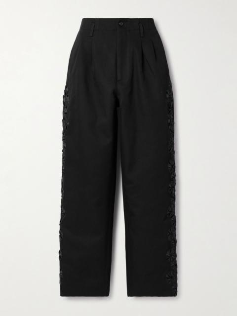 BODE Ribbon Garland satin-trimmed pleated cotton-twill wide-leg pants Black