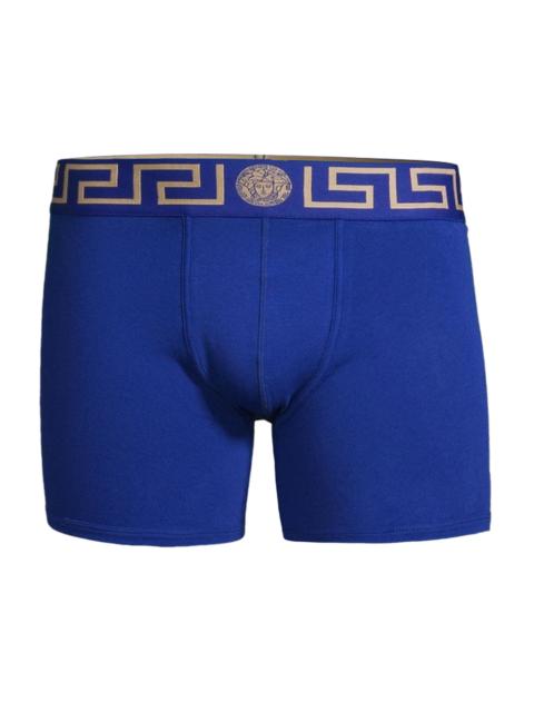 VERSACE Men's Greca Waistband Jersey Trunks - Bluette Gold