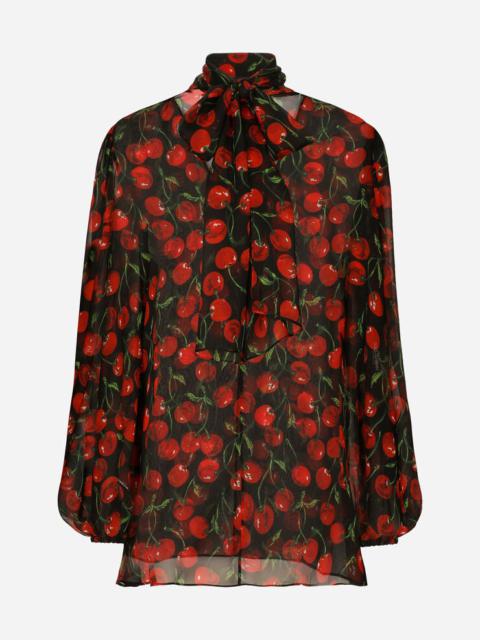 Dolce & Gabbana Cherry-print chiffon pussy-bow blouse