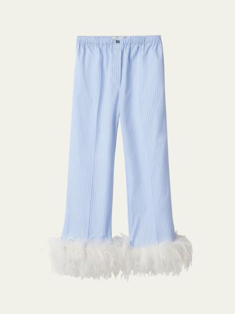 Miu Miu Cotton Pinstripe Feather-Trim Pants