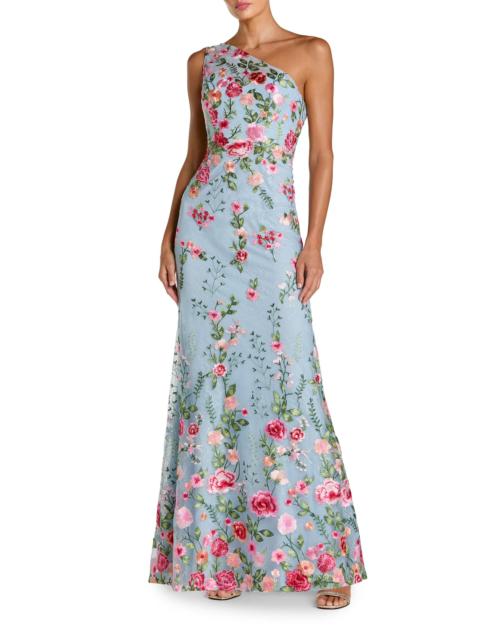 MAC DUGGAL Women's One-Shoulder Floral Embroidered Gown - Powder Blue Multi