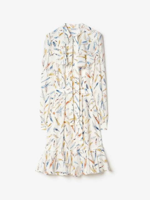 Burberry Ruffled Feather Print Silk Dress