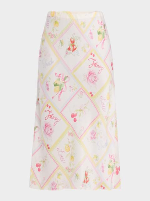 LoveShackFancy Castle Silky Fruit Print Midi Skirt
