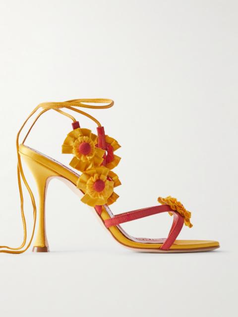Manolo Blahnik Palissot Leather-trimmed Appliquéd Grosgrain And Satin Sandals