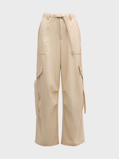 Faux Leather Belted Wide-Leg Utility Pants
