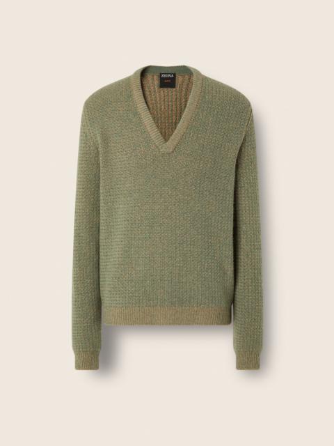 ZEGNA BEIGE AND LIGHT GREEN CAMEL AND CASHMERE V-NECK