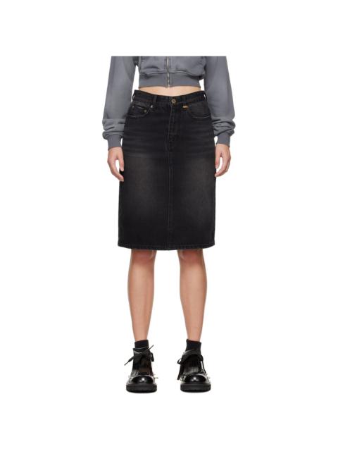 We11done Black Washed Denim Midi Skirt