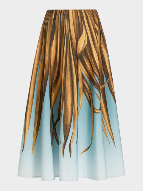 Oscar de la Renta Palm Print A-Line Midi Skirt