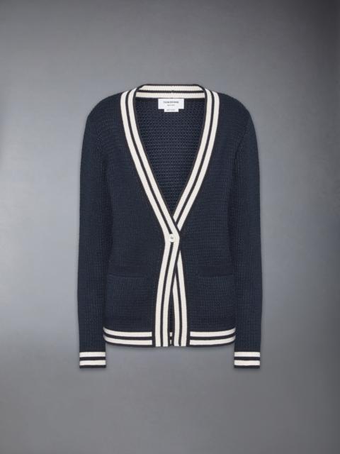 Thom Browne TUCK STITCH SILK CASHMERE & WOOL V NECK CARDIGAN