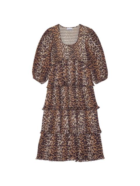 leopard-print short-sleeve layered midi dress