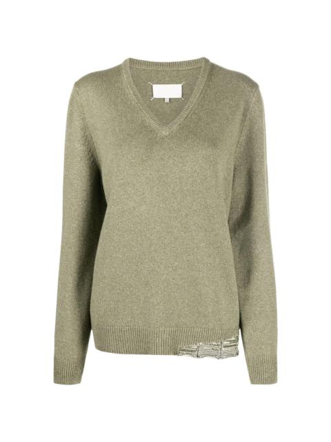 distressed-knit V-neck long-sleeve jumper