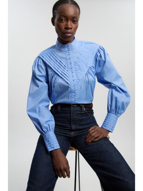 KAREN MILLEN Cotton Pleated High Neck Balloon Sleeve Woven Blouse