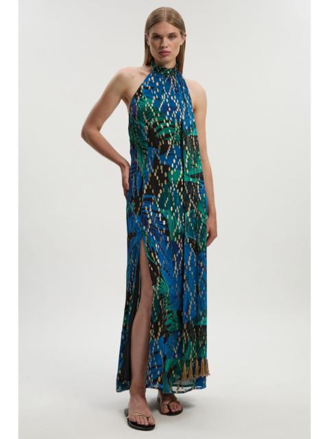 KAREN MILLEN Viscose Metallic Palm Print Halter Neck Maxi Dress