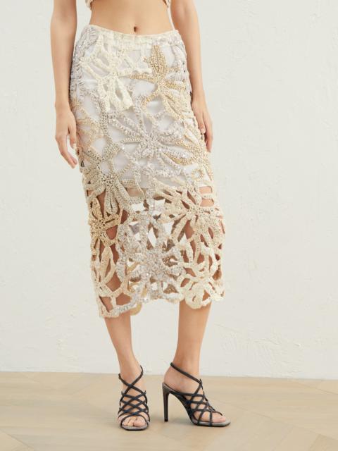 Brunello Cucinelli Handmade Marine Flower Crochet OPERA skirt in linen, cotton and silk
