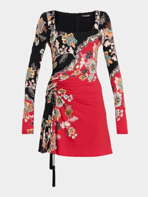 Roberto Cavalli Ruched Long-Sleeve Floral Mini Dress