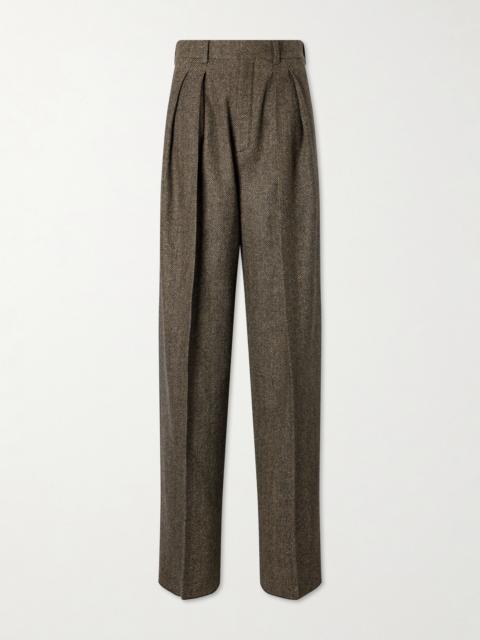 SAINT LAURENT Pleated Herringbone Wool-blend Straight-leg Pants