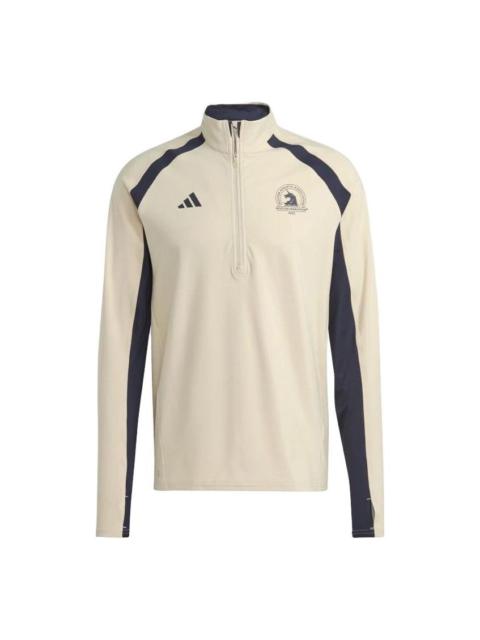 adidas Boston Marathon 1/2-Zip Long Sleeve Running T-Shirt 'Beige Black' HY3259