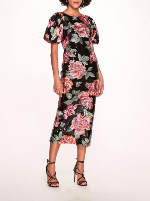 Marchesa BUBBLE SLEEVE SEQUIN MIDI DRESS