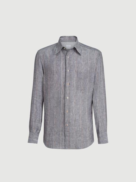 Brunello Cucinelli Textured stripe linen easy fit shirt with chest pocket