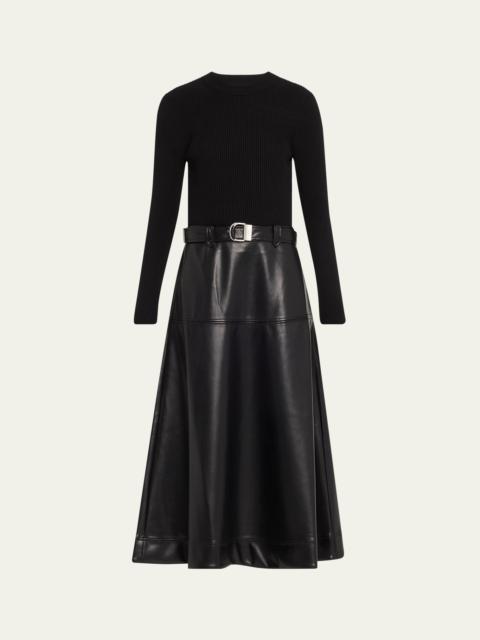 Ulyssia Belted Knit and Faux-Leather Combo Midi Dress