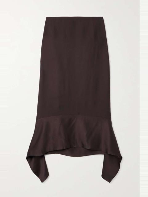 Asymmetric fluted satin-trimmed wool-crepe skirt