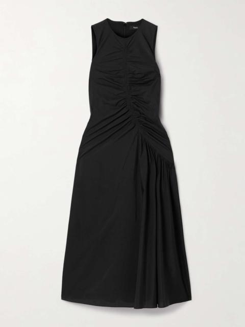 Theory Ruched cotton-blend sateen midi dress Black