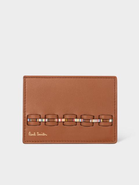 Tan Brown Woven Front Calf Leather Credit Card Holder