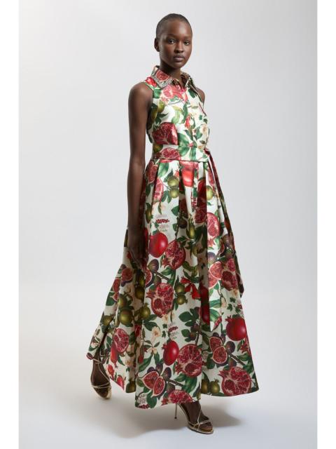 KAREN MILLEN Petite Fruit Print Embellished Collar Twill Midi Dress