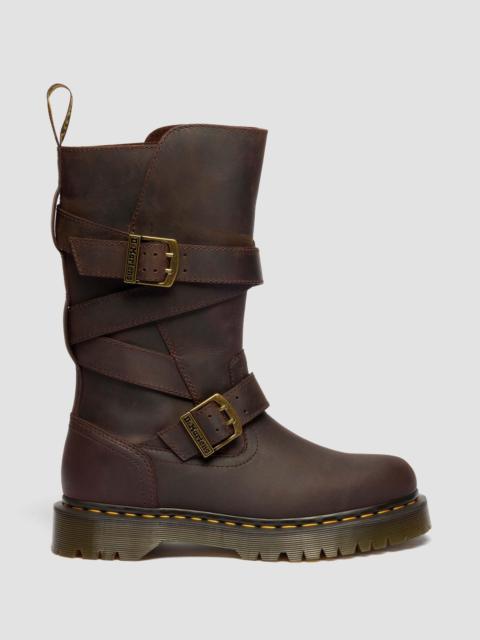 Dr. Martens Anistone Two Strap Tall Crazy Horse Leather Biker Boots