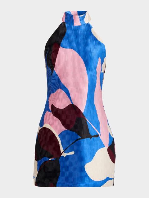 REBECCA VALLANCE Mika Pleated Floral-Print Halter Mini Dress