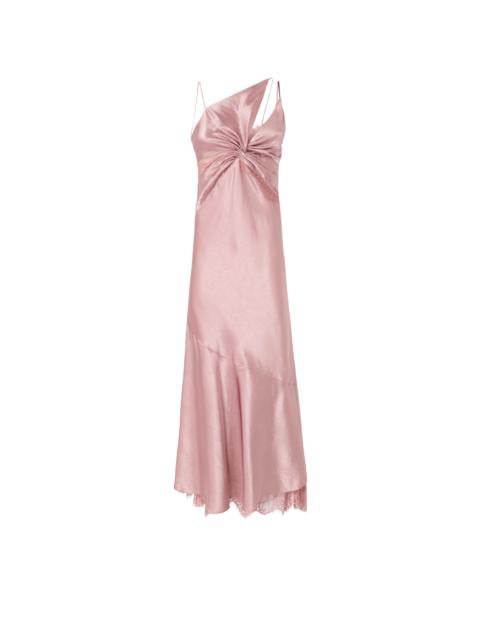PINKO LONG SATIN DRESS WITH DRAPING AND LACE