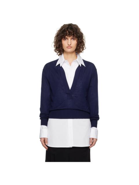 RECTO Blue Deep Henley Neck Sheer Knit Sweater