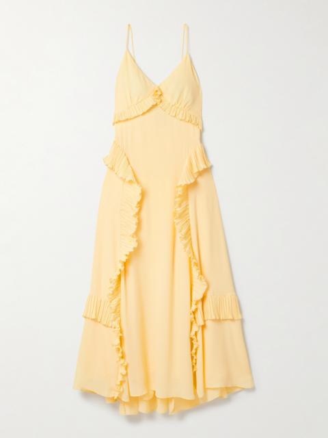Sea Delilah Ruffled Plissé-trimmed Crepe De Chine Midi Dress